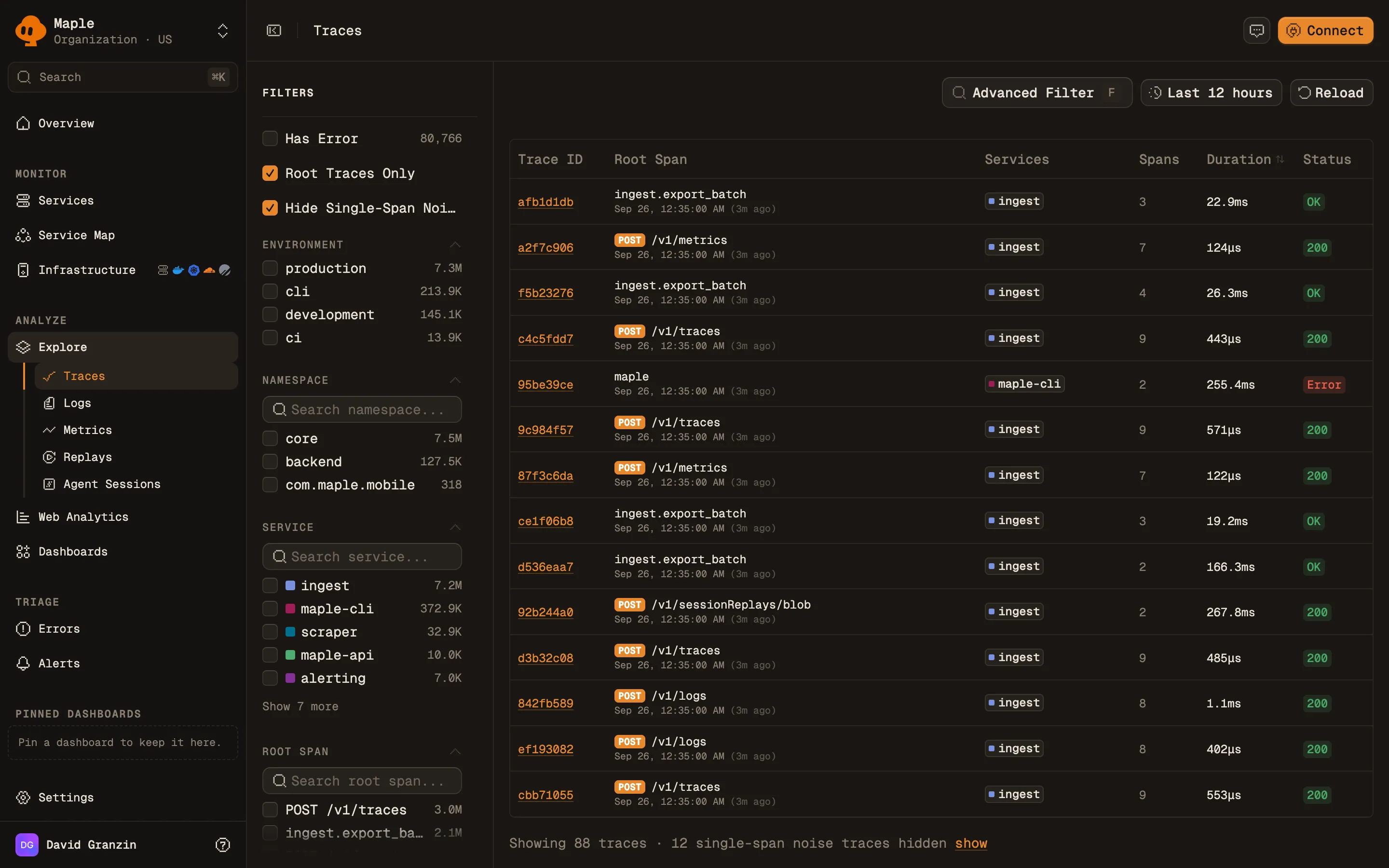 The Traces list with Trace ID, Root Span, Services, Spans, Duration and Status columns, and a filter sidebar with Has Error, Root Traces Only, environment, namespace, service and root span facets.