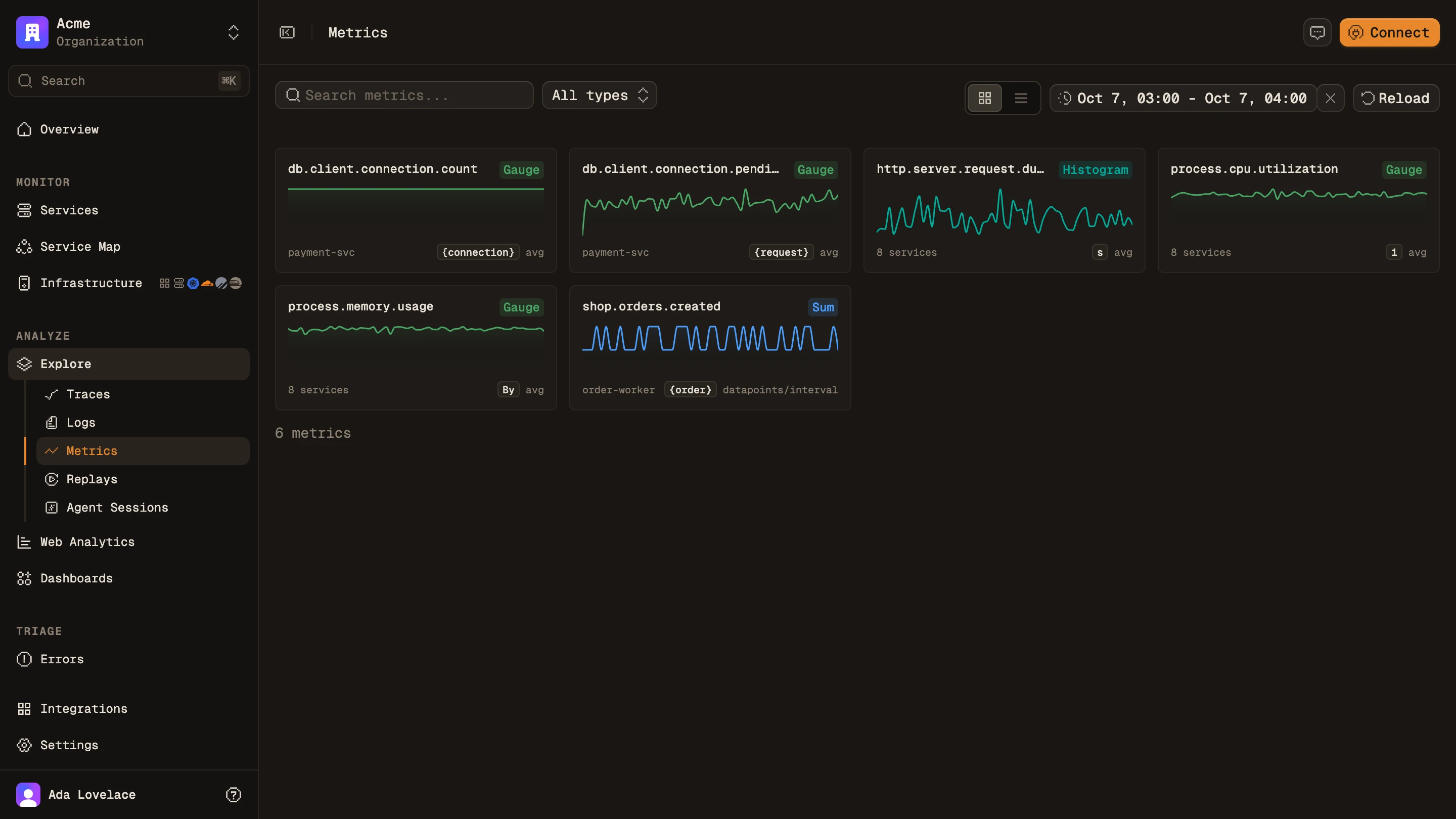 The metric explorer listing each metric with its type, service and last seen time