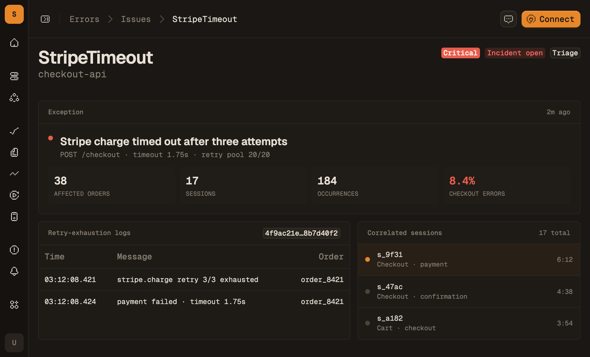 The StripeTimeout issue with its affected-order count and the sessions that produced them