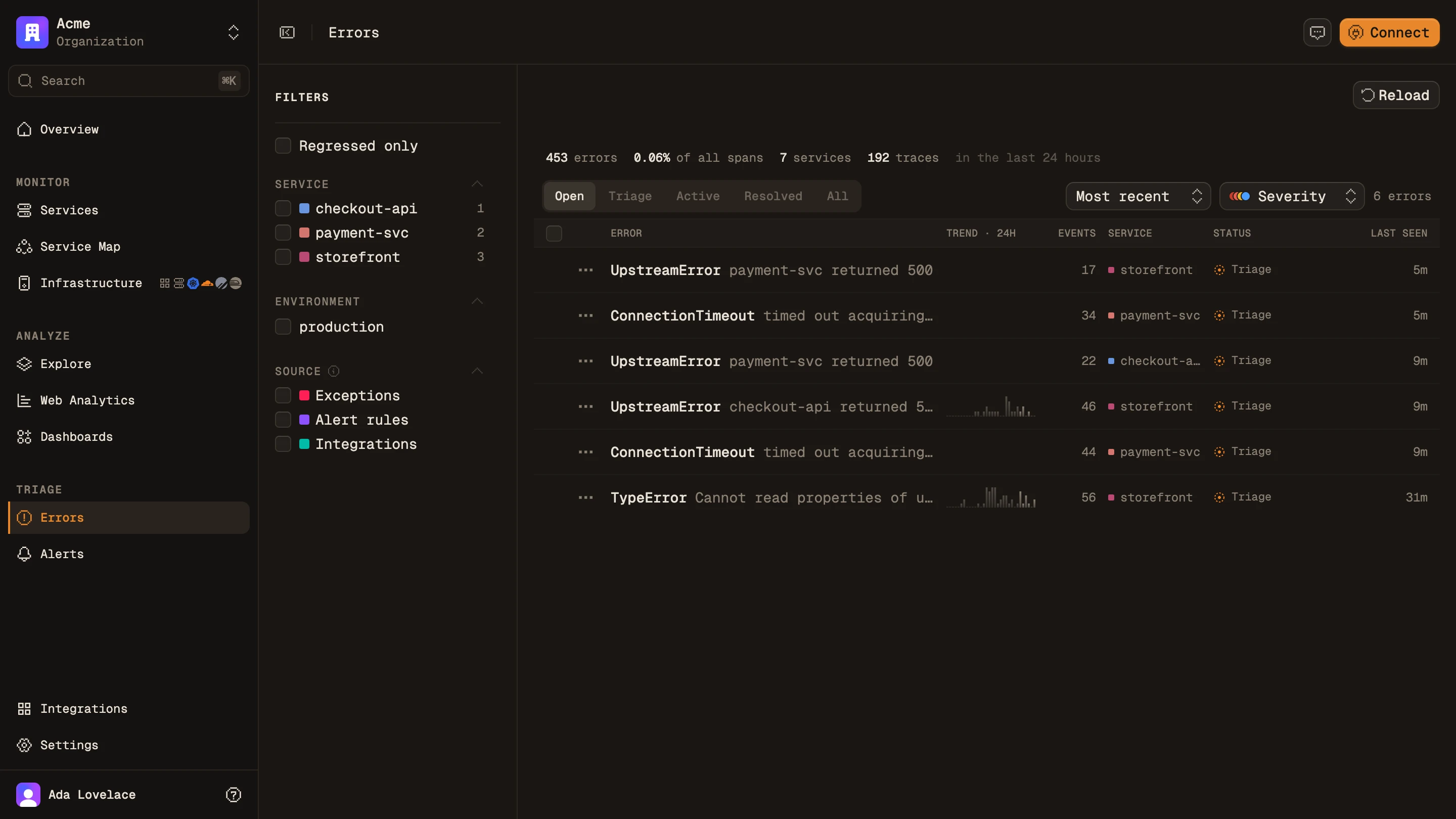 Errors grouped by type with counts, affected services and last-seen times