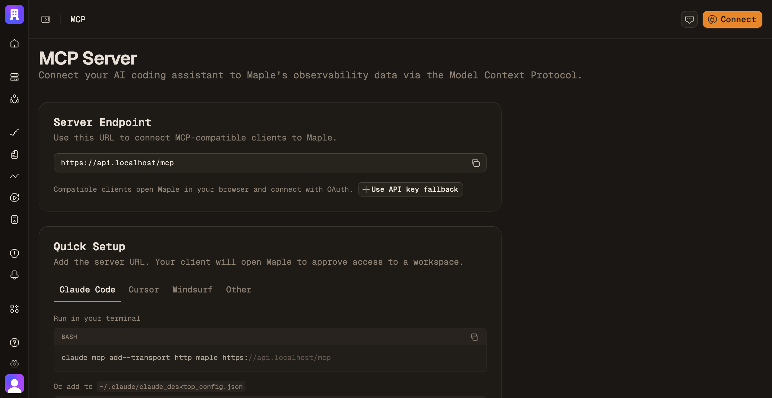 The MCP server page with endpoint and client setup